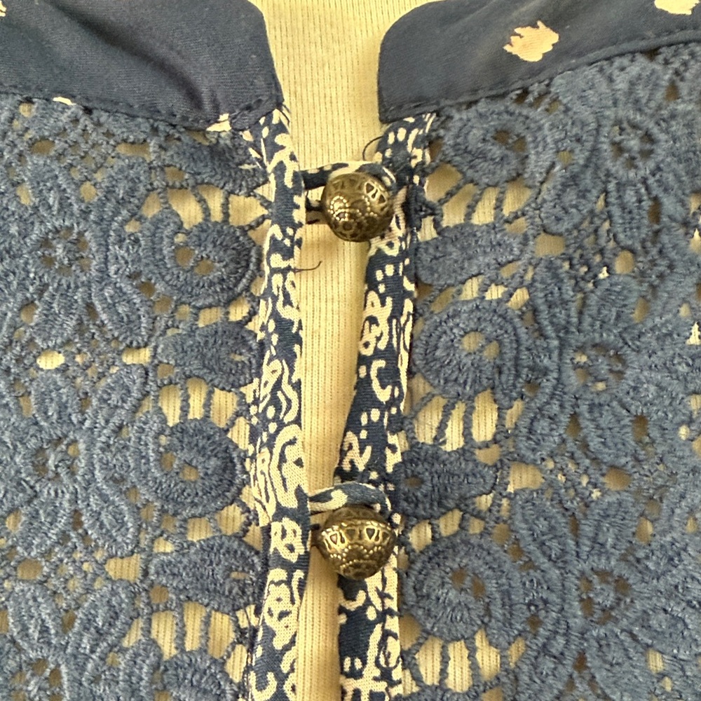 Anthropologie Navy and White Mixed-Print Crochet Yoke Blouse - Picture 6 of 9